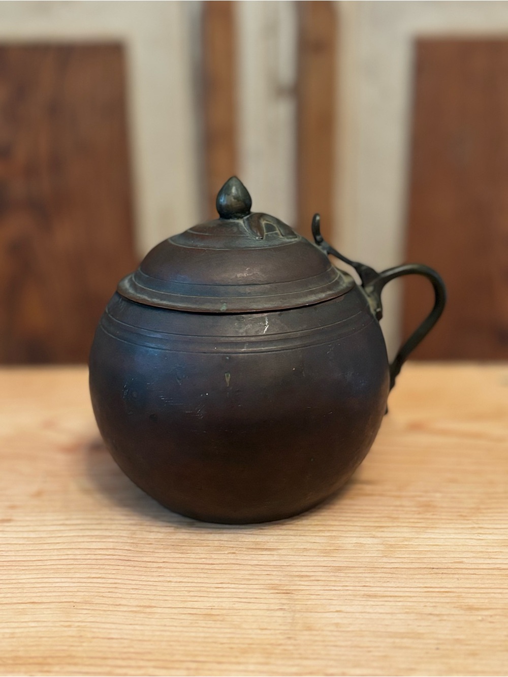 Antique Round Copper Hinged Pot with Blue Enamel Interior